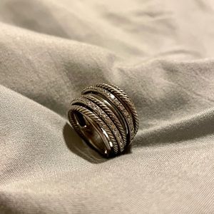 David Yurman Crossover Ring in Sterling Silver with 2  Pavé Diamonds Bands